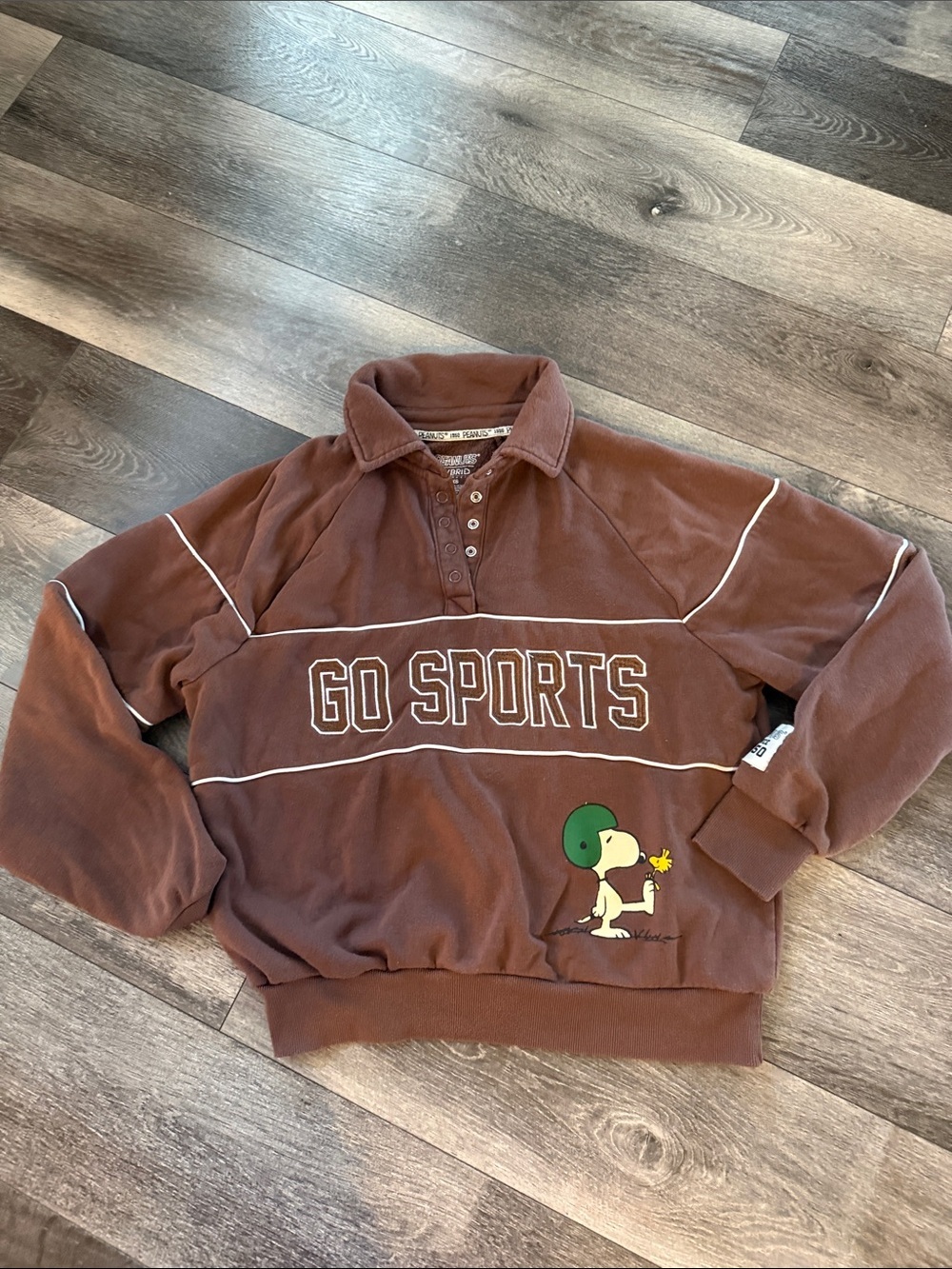 Peanuts Brown Crewneck Pullover with Snoopy "GO SPORTS" Graphic